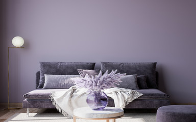 Interior design of luxury living room with stylish sofa, purple vase , and elegant accessories on purple empty wall. Modern home decor. Template.