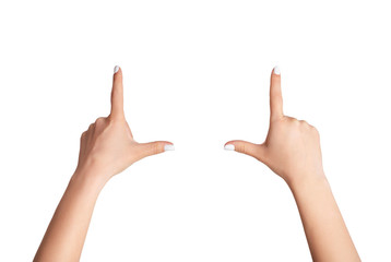 Female hands making frame gesture on white background, closeup. Copy space