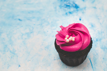 pink cupcake on a blue background