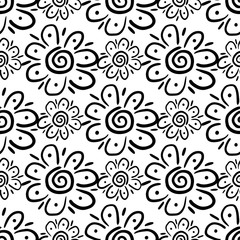 Black cartoon contour flowers isolated on white background. Seamless pattern. Vector graphic illustration. Texture.