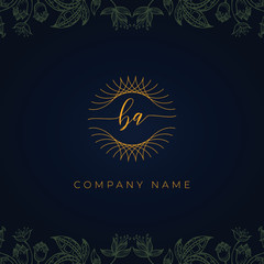 Fototapeta na wymiar Elegant luxury letter BA logo. This logo icon incorporate with abstract rounded thin geometric shape in floral background. That looks luxurious and royal.