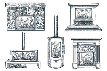 Fireplaces vector sketch illustration. House interior vintage design elements. Old and contemporary home chimneys - obrazy, fototapety, plakaty