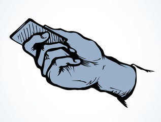 Hand with business card. Vector drawing