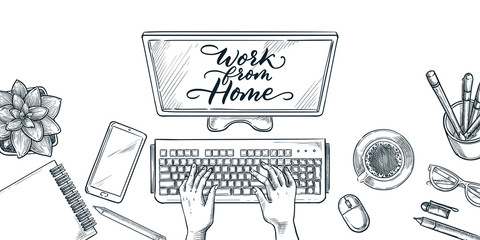 Human hands typing on keyboard, vector sketch top view illustration. Work at home hand drawn calligraphy lettering.