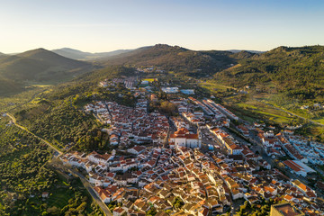 Castelo de Vide drone aerial view in Alentejo, Portugal from Serra de Sao Mamede mountains