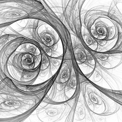 Monochrome black and white background with ribbons curling spirals. Abstract fractal background generated by computer.
