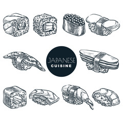 Sushi set, isolated on white background. Rolls with salmon, shrimp, tuna, avocado, rice. Sketch vector illustration.