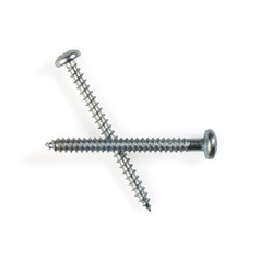 Two long self tapping iron screws, High resolution macro close up isolated on white background.