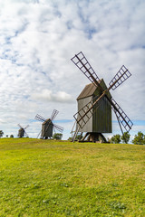 Fototapeta premium Three old windmills on a green sunny field