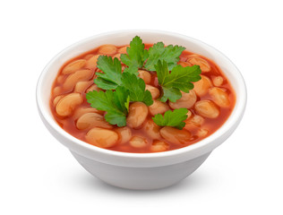 Baked beans in tomato sauce isolated on white background