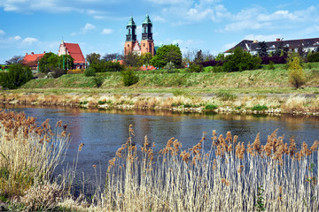 Obraz premium river Warta and the towers of historic cathedral in Poznan.