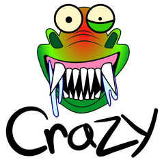 Angry crazy green dinosaur. A dragon with crazy eyes and saliva splashes out of his mouth. Green crocodile in a bad mood. Vector stock reptile with hostility emotion. Sticker with a wicked expression.