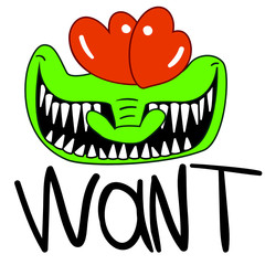 A reptile that wants something. Loving dinosaur with sharp teeth and hearts instead of eyes. The emotion of love and desire. Strong sense of attraction. Cardboard illustration.Vector stock dinosaur.