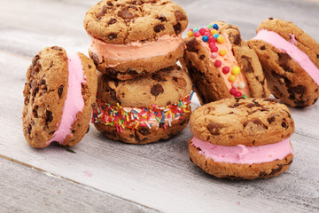 ice cream sandwiches with strawberry and chocolate. Chocolate Chip Cookie Ice Cream Sandwich
