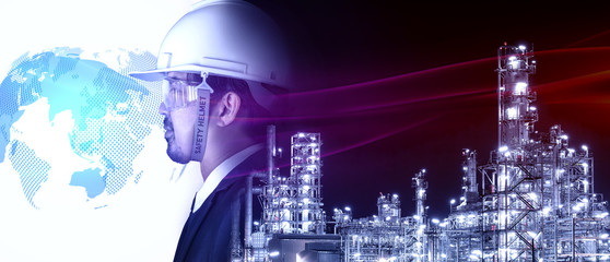 Double exposure of Industry 4.0, Engineer are working at Oil refinery,  icons Technology of manufacturing and oil refining industrial concept image