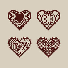 Set stencil lacy hearts with carved openwork pattern. Template for interior design, layouts wedding cards, invitations, etc. Image suitable for laser cutting, plotter cutting or printing. Vector