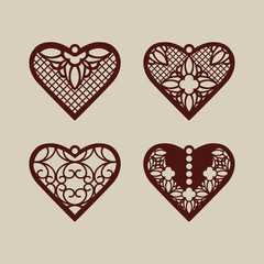Set stencil lacy hearts with carved openwork pattern. Template for interior design, layouts wedding cards, invitations, etc. Image suitable for laser cutting, plotter cutting or printing. Vector