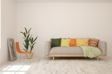 White living room with sofa. Scandinavian interior design. 3D illustration
