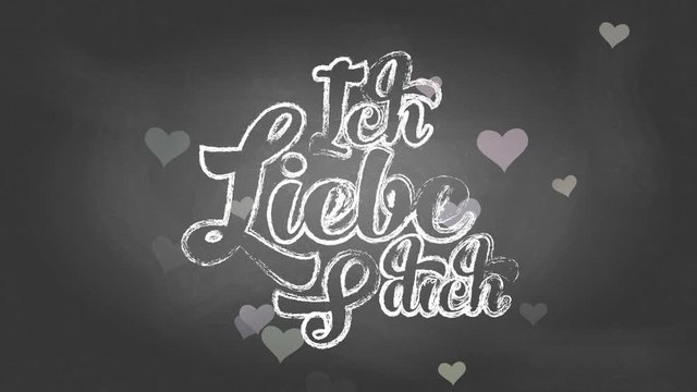 german i love yourself ich liebe dich written with chalk using curly offset over a black chalkboard suggesting message left by intimate