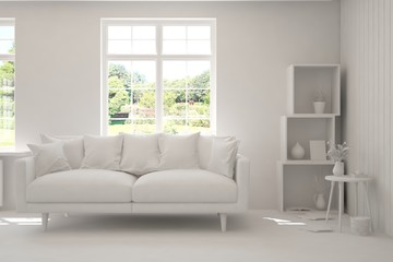 Stylish room in white color with sofa and summer landscape in window. Scandinavian interior design. 3D illustration