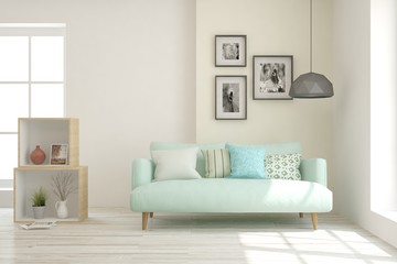 White living room with sofa. Scandinavian interior design. 3D illustration