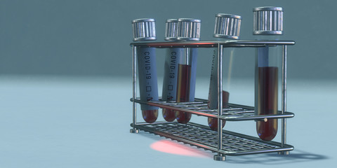Test tubes with blood sample for COVID-19 test close up. Coronavirus Covid 19 infected blood sample, positive result. 3d render