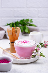 Pink matcha latte with milk