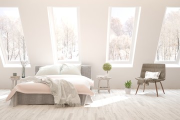 Stylish bedroom in white color with winter landscape in window. Scandinavian interior design. 3D illustration