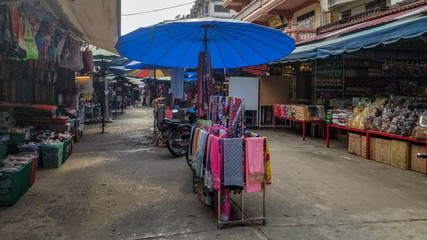 Empty outdoor shopping market in Tachileik, Myanmar