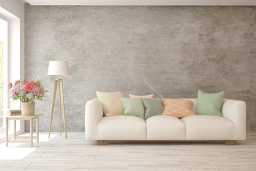 White living room with sofa. Scandinavian interior design. 3D illustration