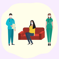 Woman sits at home on the sofa in a medical mask is sick and a doctor is standing nearby. Fashion trendy illustration, flat design. Pandemic and epidemic of coronavirus in the world