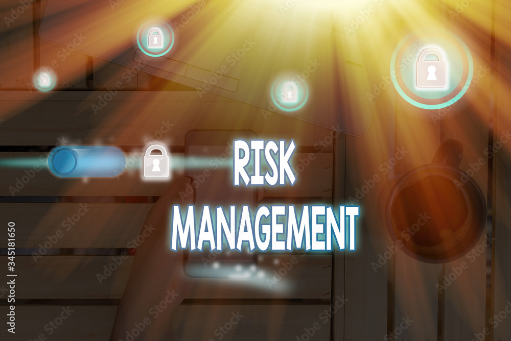 Poster text sign showing risk management. business photo text evaluation of financial hazards or problems w