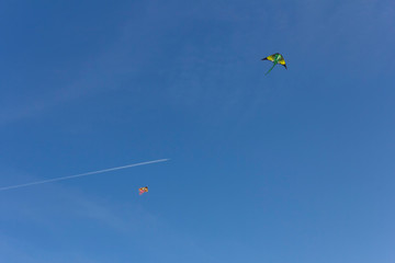 Colorful ribbons and kite figures hanging on poles and flying on blue sky background kite festival