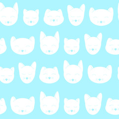 Seamless pattern with cute cat heads. Various white heads on a blue background in a row.