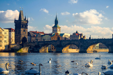 Fototapeta na wymiar View of the Vltava River and the bridges shined with the sunset sun, Prague