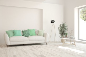 White living room with sofa. Scandinavian interior design. 3D illustration