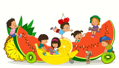 Bright colorful illustration. Happy children play among huge fruits. The concept of summer, health, vitamins. Holiday, vacation