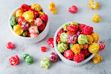 Multicolor caramel sweet Popcorn in a white bowl