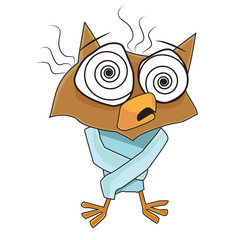 Crazy character in a straitjacket. Owl crazy with tied hands and hypnotic eyes. The bird is inadequate and requires isolation. Sick cute bird, character for print, postcards, children's book.
