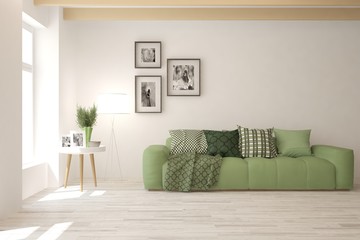 White living room with sofa. Scandinavian interior design. 3D illustration