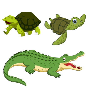 Hand-drawn cute cartoon reptiles. Vector illustration.