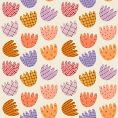 Abstract floral seamless pattern. Hand drawn colorful flowers. Botany spring, summer set. Modern cut out design. Checkered dotted geometrical simple texture. Flat style isolated floral elements.