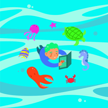 A little boy reads a fairy tale about sea creatures and imagines them around him. Vector illustration in cartoon style.
