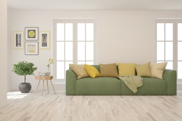 White living room with sofa. Scandinavian interior design. 3D illustration