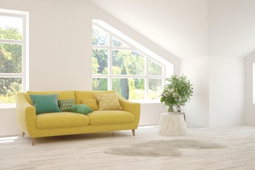 White living room with sofa and summer landscape in window. Scandinavian interior design. 3D illustration