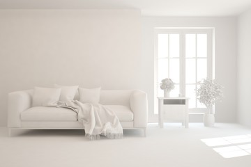 White minimalist living room with sofa. Scandinavian interior design. 3D illustration