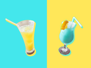 cocktail with ice , lemon and lime with blue and yellow background
