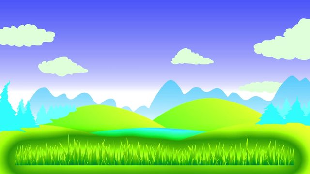 panoramic view graphic design with green ridge under a clear blue sky with conifer jungle and big shadows of mountains in the horizon and a layer of pasture in front with size vegetation