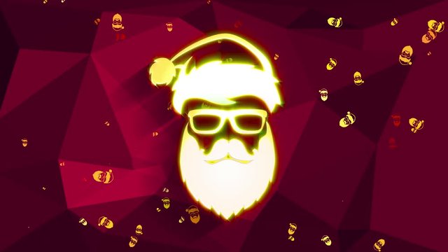 hippie santa claus design crafted with lighting golden face illustration wear sunglasses and xmas headwear up a red abstraction geometrical background