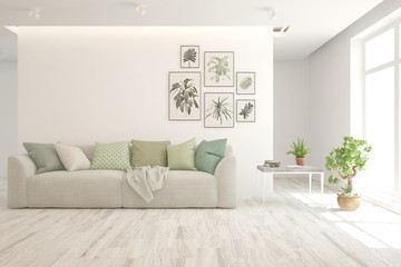 White living room with sofa. Scandinavian interior design. 3D illustration